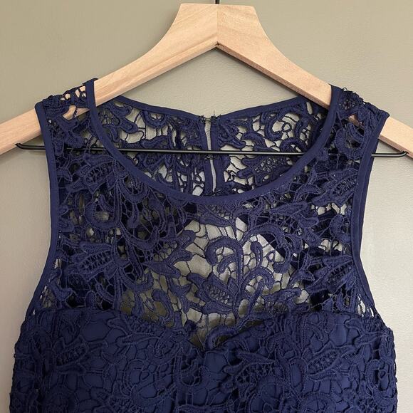 Lulus Romantic Tale Navy Blue Lace Mini Skater Dress Size Medium Open Back Sexy - Picture 6 of 16
